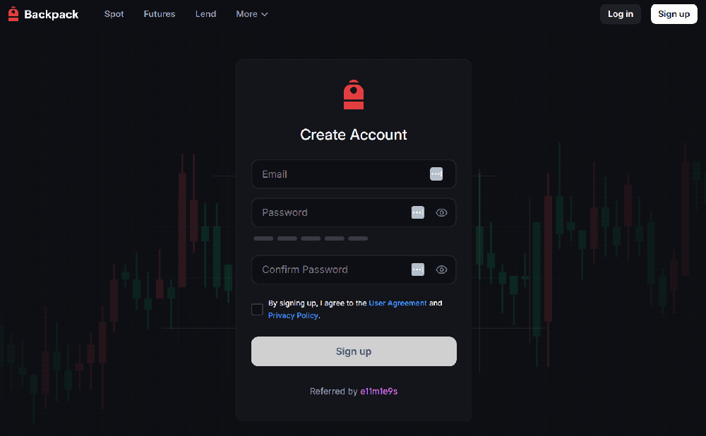 Ecrã de boas-vindas Backpack Exchange com campo para código de referência
