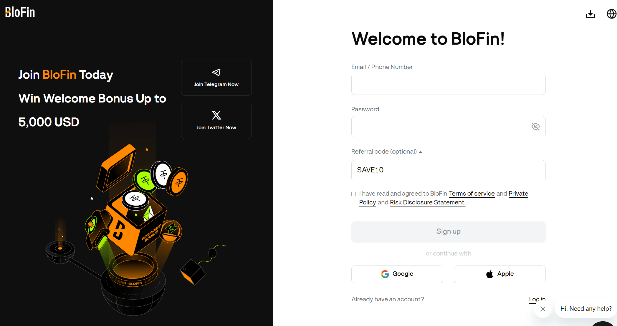 Código de referência BloFin introduzido no formulário de registo