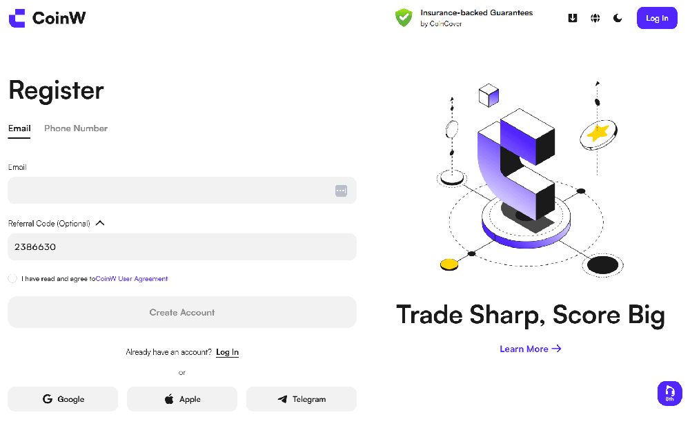 Campo de código de referência CoinW durante o registo