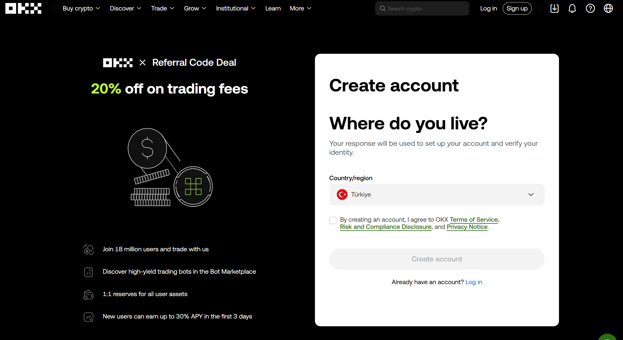 Código de referência OKX introduzido durante registo