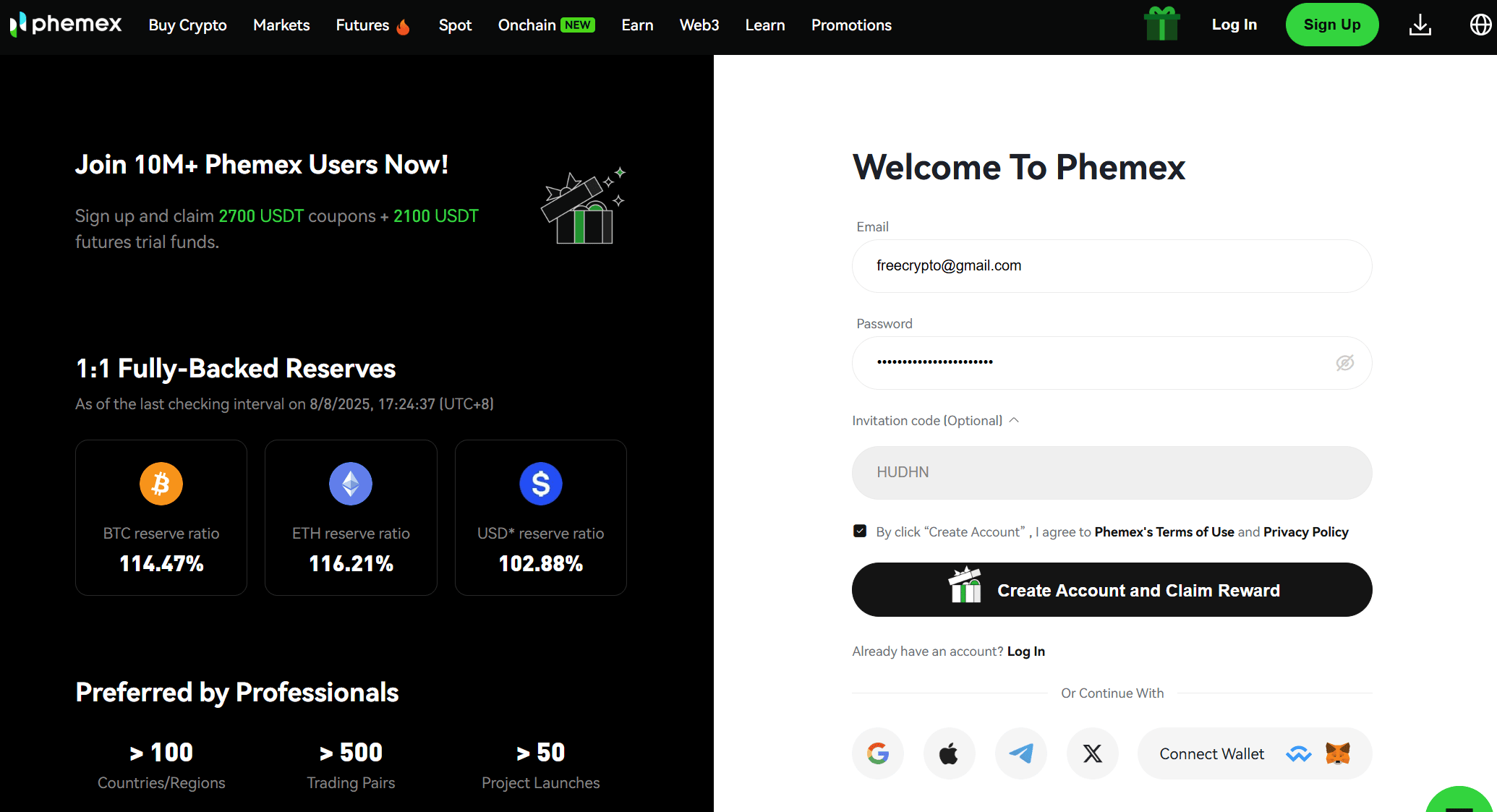 Código de convite Phemex introduzido durante registo