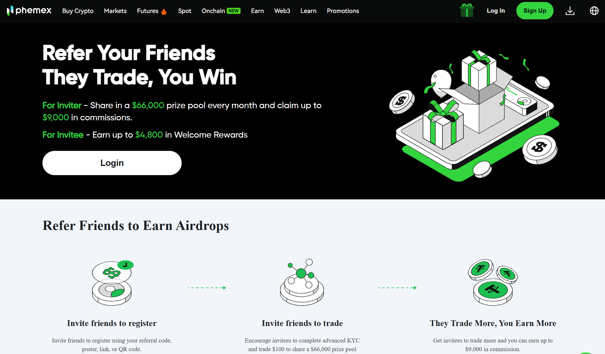 Programa de indicação Phemex com estrutura comissões