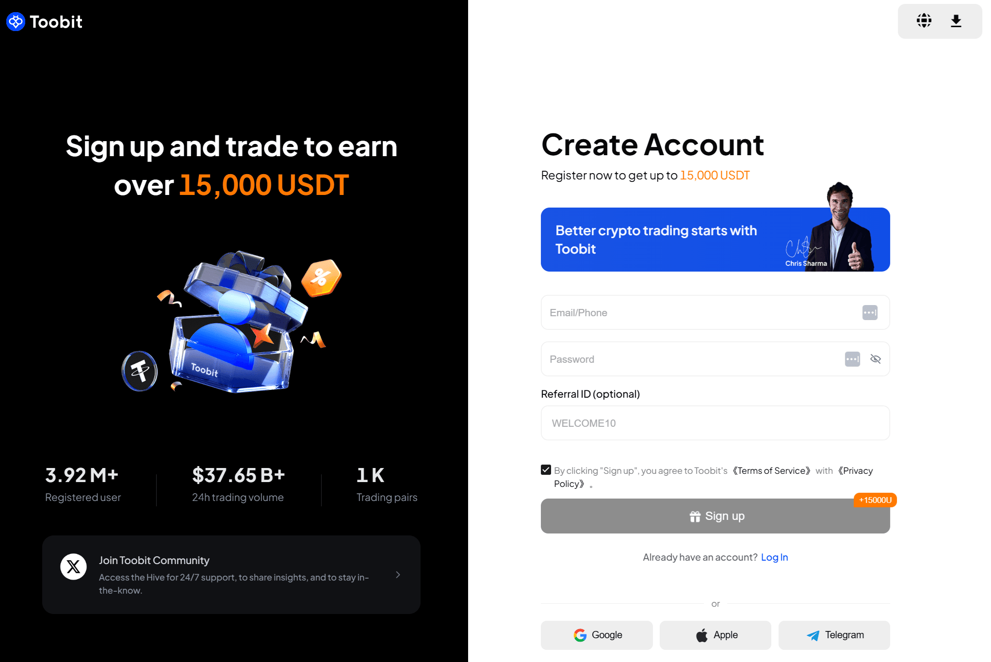 Registo Toobit com campo código de referência