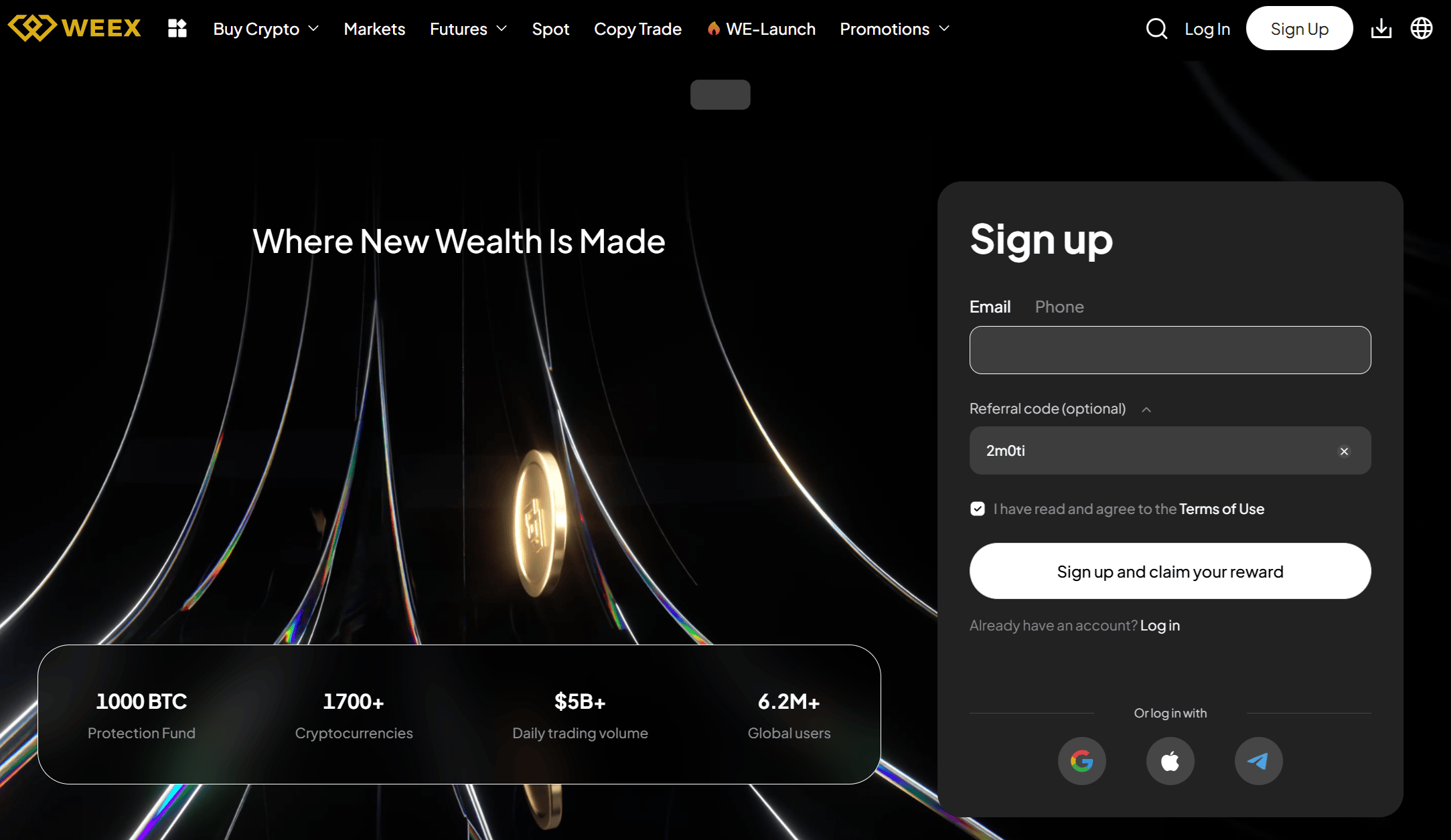 Código de referência WEEX introduzido durante registo