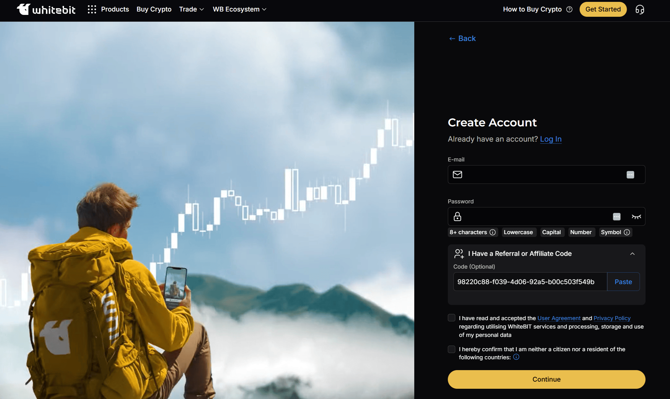 Código de referência WhiteBIT introduzido durante registo